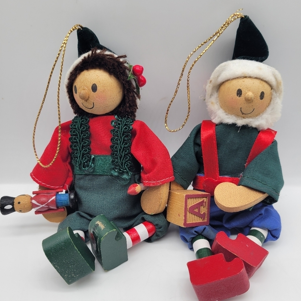 Vintage Two Old Fashioned Wooden Christmas Tree Ornament Elf Toy Makers